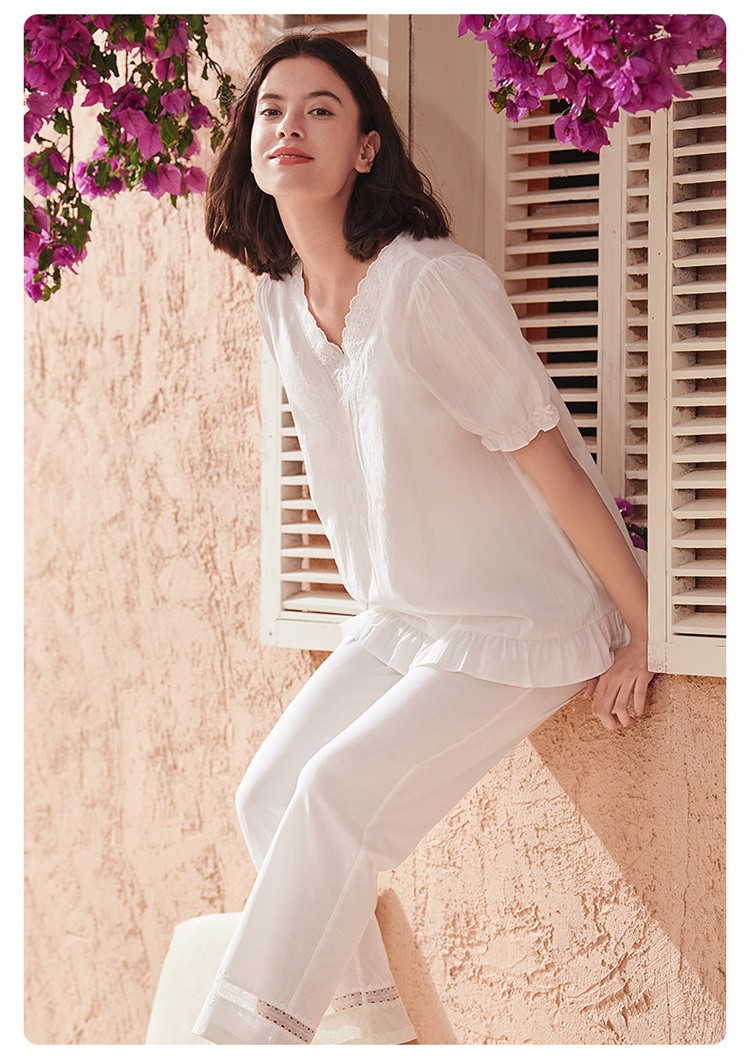 曼妮芬女士棉质家居服睡衣v领泡泡短袖长裤套装20310663 100 粉色 m码