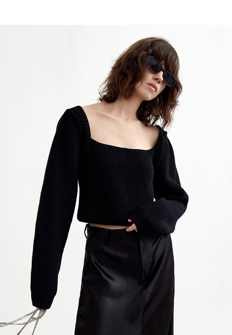 moco2021秋新品后绑结法式方领泡泡袖短款羊毛针织衫摩安珂黑色xs155