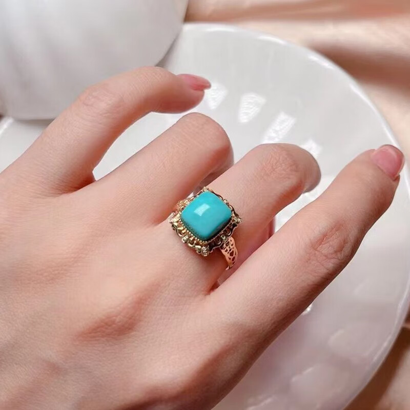 慈心缘绿松石高瓷高蓝玉化料方型戒指18k金镶嵌女士戒指女戒送生日