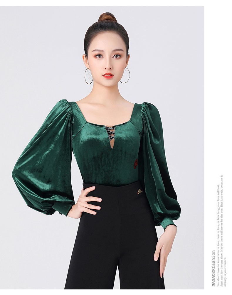 丹宝罗交谊舞衣上衣新款丝绒灯笼袖墨绿国标舞练功服秋季拉丁舞服丝绒