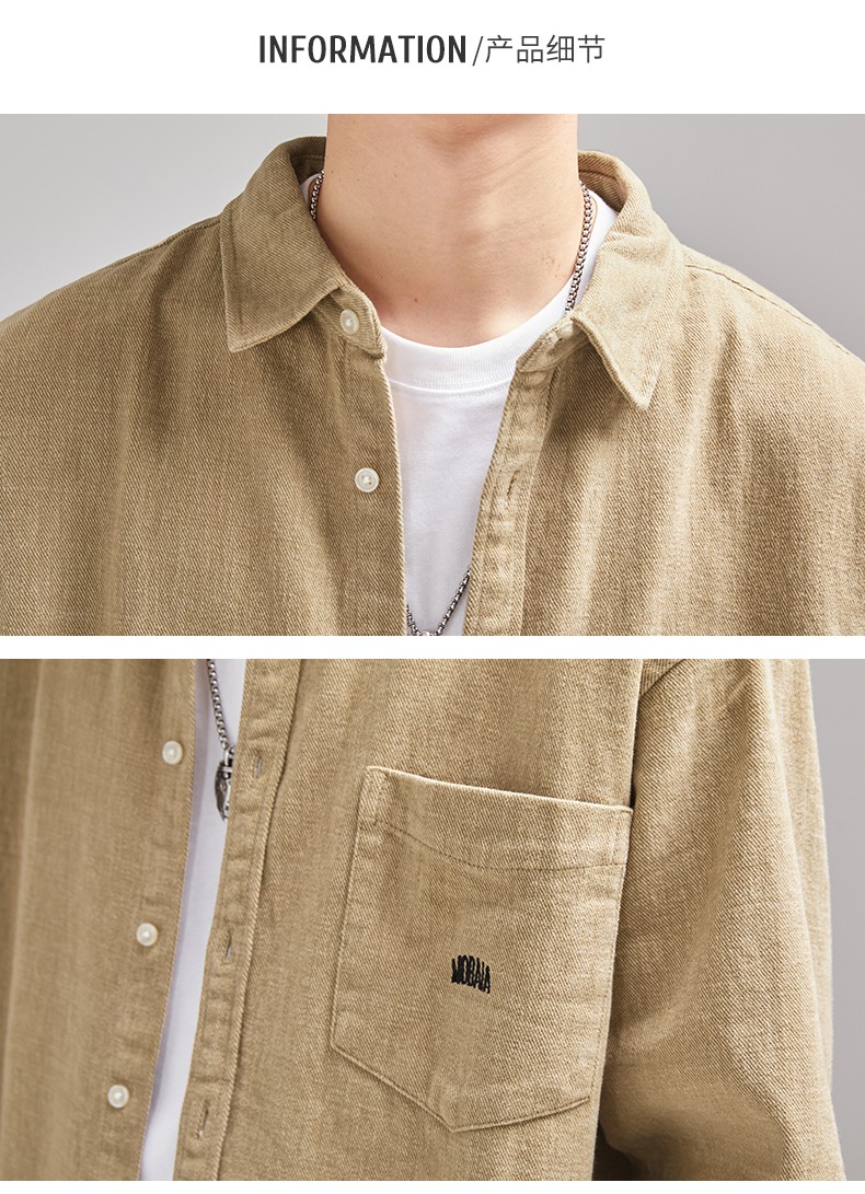 lee cooper衬衫男全棉长袖衬衫男青年布男士翻领半袖衬衣纯色休闲衬衫