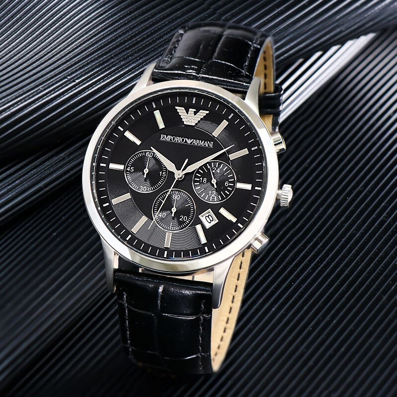 阿玛尼emporioarmani手表男商务时尚三眼计时皮带石英男表黑盘钢带ar