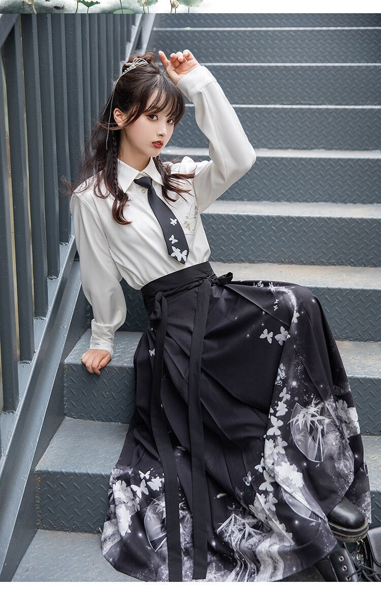 臻一萌汉服女梨月jk衬衫渐变八分马面古装改良短袖夏季汉元素套装表演