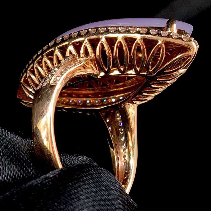 月亮阿姨翡翠冰种紫罗兰大马眼戒指缅甸玉石蛋面翡翠手饰18k金镶钻石