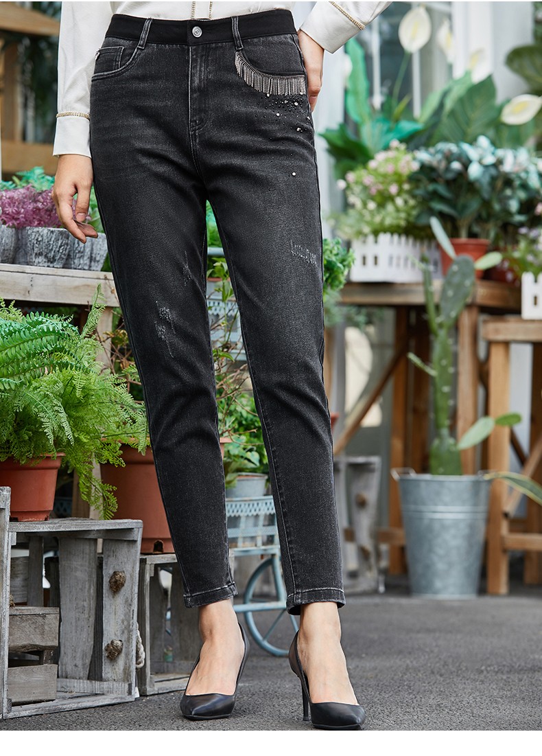 百斯盾bestn2021秋季女下装长裤长裤牛仔裤牛仔裤9分常规中腰时尚黑色