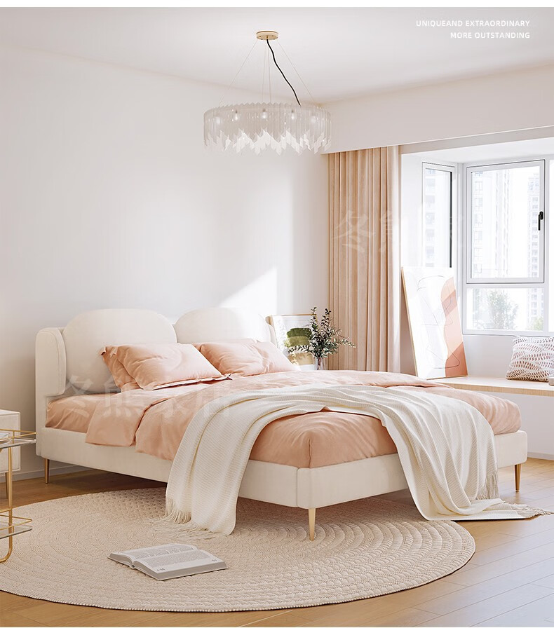 冬熊科技绒布艺床北欧轻奢现代简约主卧室网红ins少女奶油风白色科技