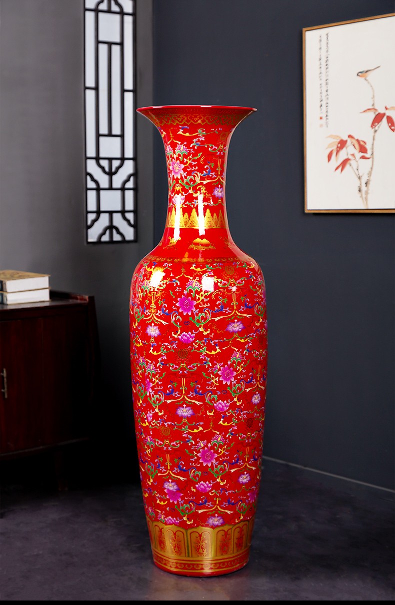兰琦欧千德骏 景德镇陶瓷器中国红色落地大花瓶欧式客厅装饰摆件特大