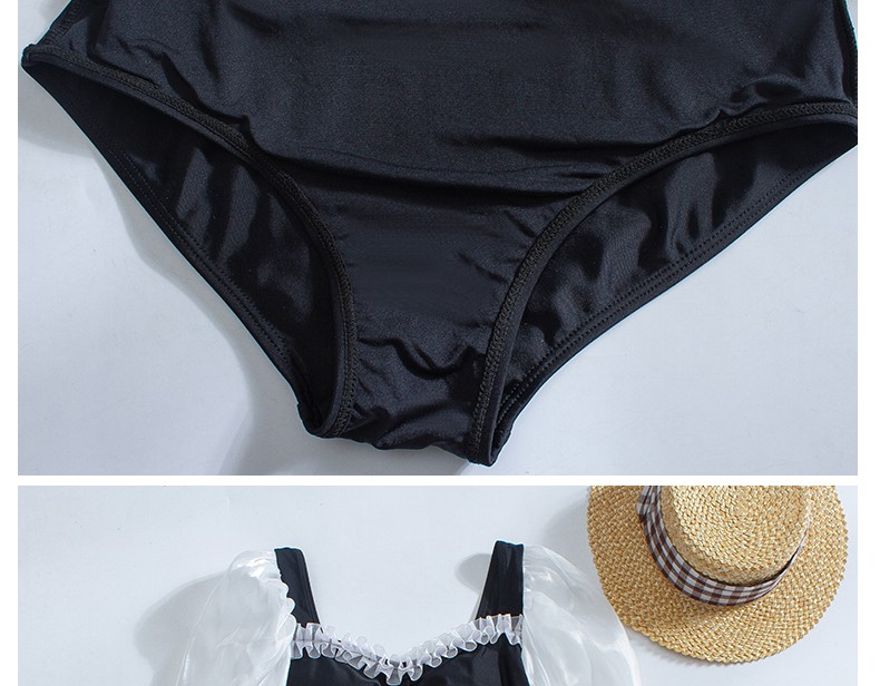 泳衣女纯欲风夏季珠光蕾丝长袖甜辣小胸连体游泳黑色仙气度假沙滩黑色