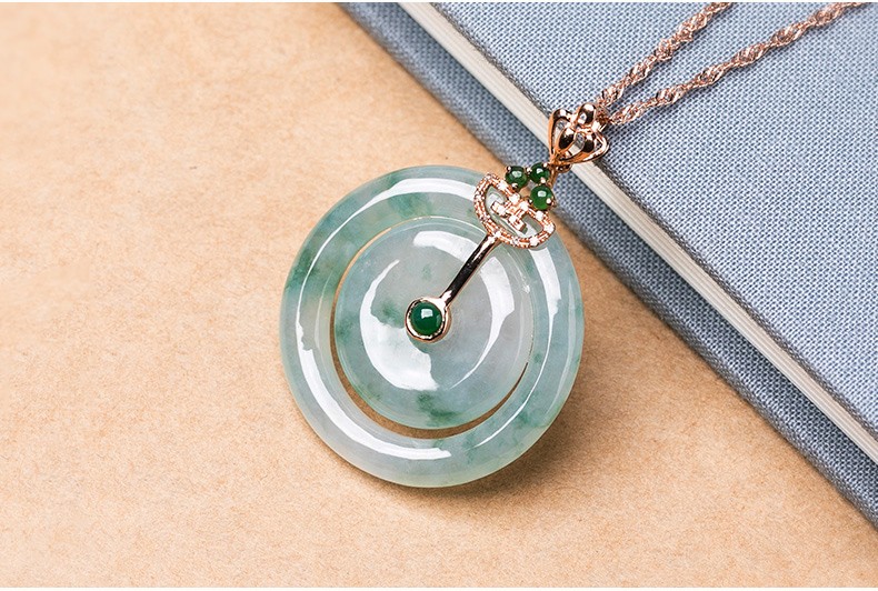 玉悦东海冰种翡翠平安扣吊坠女18k金镶玉石飘花a货子母平安扣玉坠