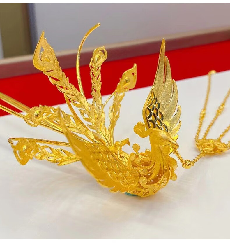 9足金轻奢发簪古风头饰凤凰 黄金头饰复古婚嫁婚礼凤簪结婚礼物 黄金
