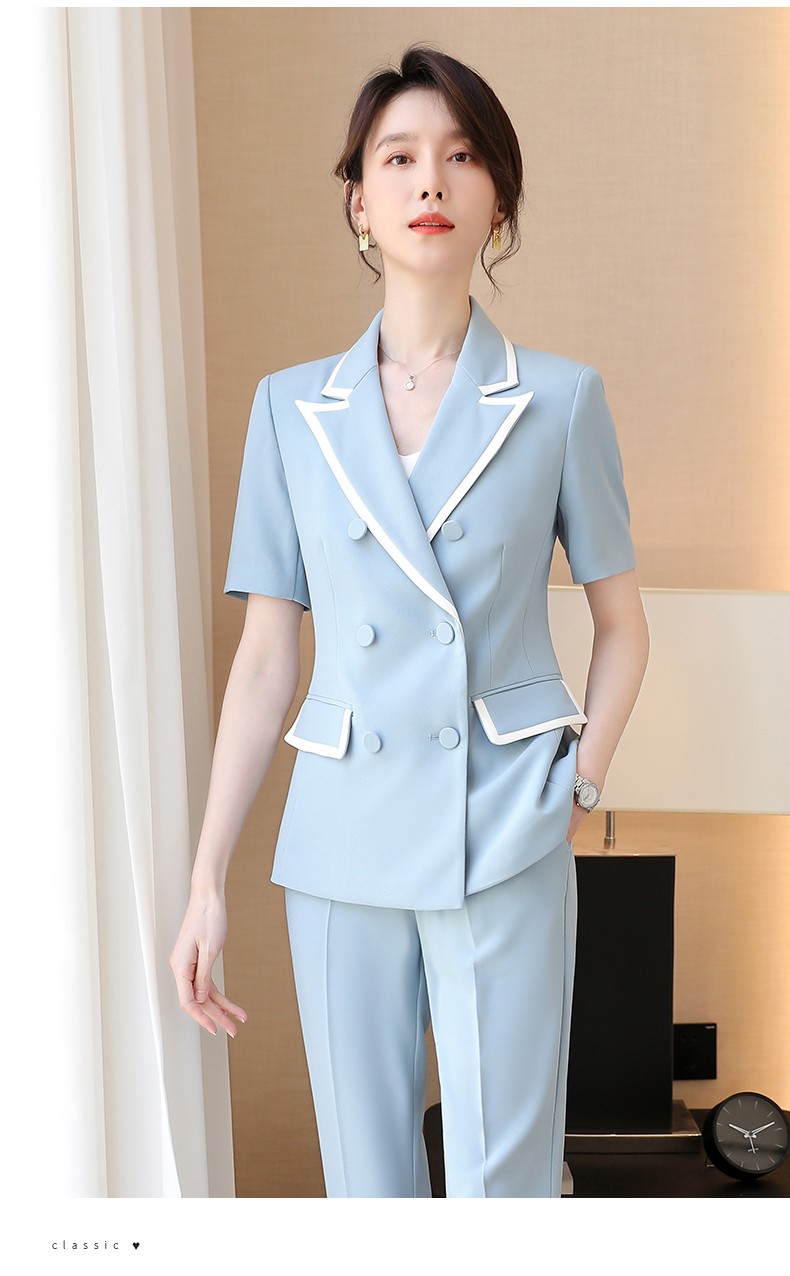 职业西装套装女士夏季短袖上衣时尚洋气工装西服裤套工作服浅蓝西装