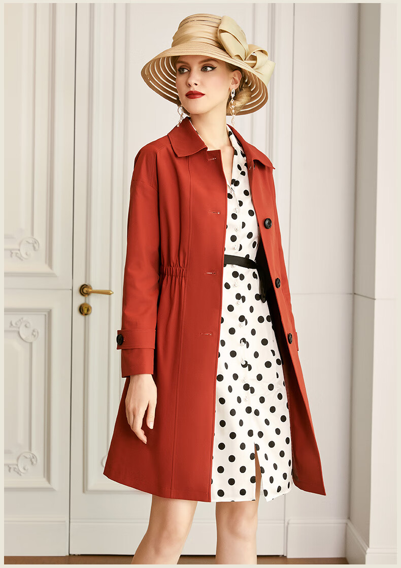 欧黎蔓2019秋季新款宽松大码砖红色风衣女小个子时尚chic收腰外套 砖