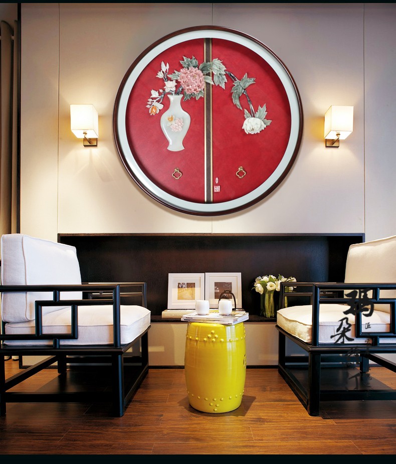 新中式圆形客厅书房沙发卧室背景墙装饰挂画入户玄关走廊过道玉石玉雕