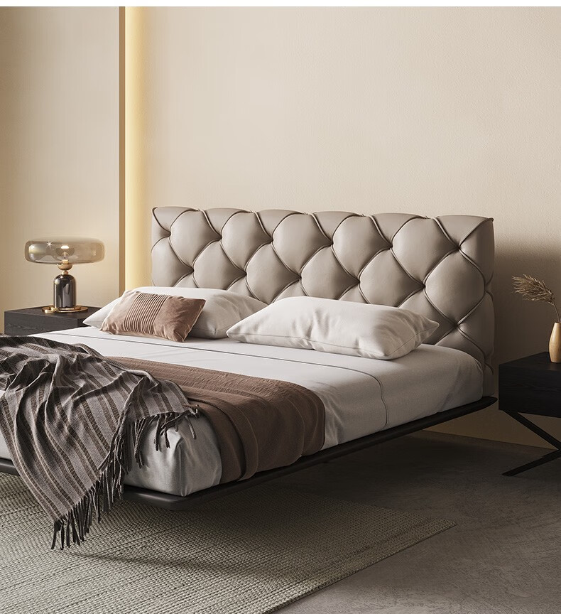 洋妃家具 轻奢真皮悬浮床现代简约主卧床拉扣实木软包悬空齐边双人婚