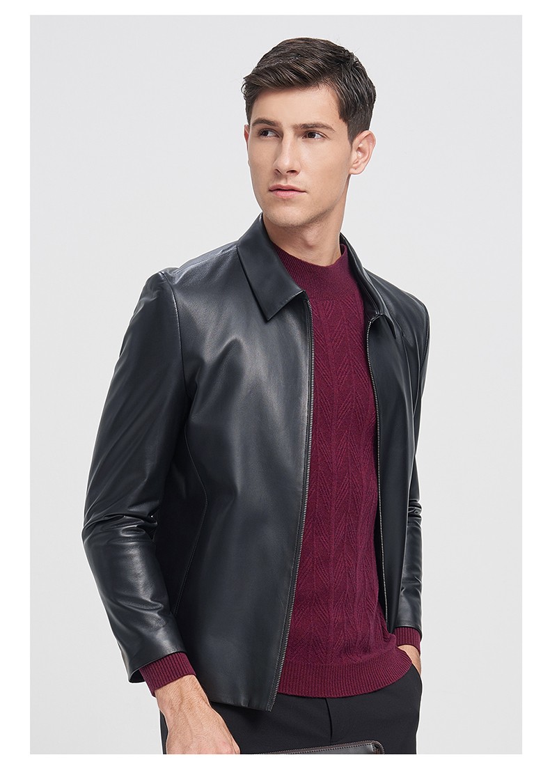 q七匹狼皮衣男士秋季新款简约翻领商务休闲羊皮革夹克皮衣外套男装001