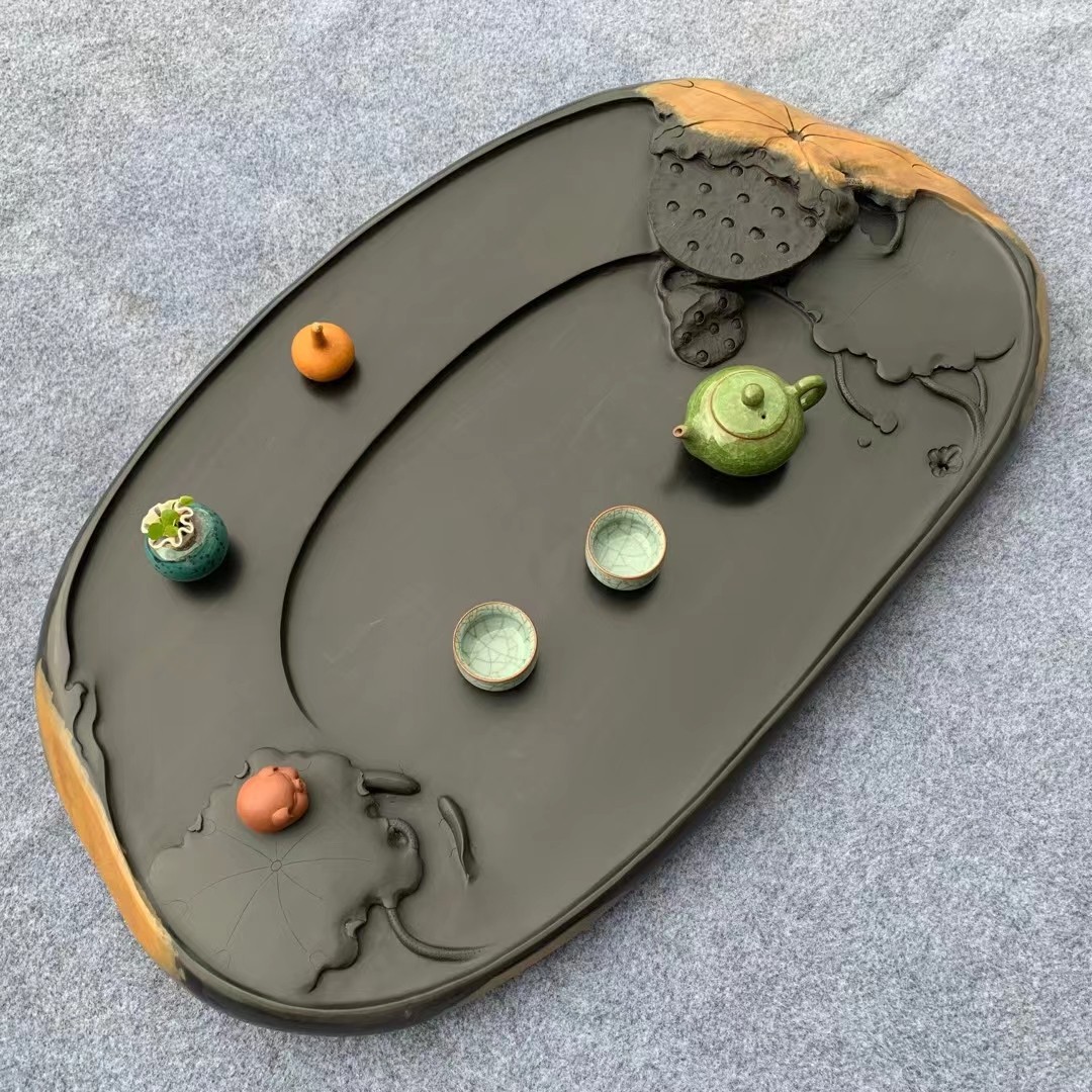 汉宫非遗歙砚茶盘家用排水茶海办公室高档泡茶托盘手工雕刻山水高端