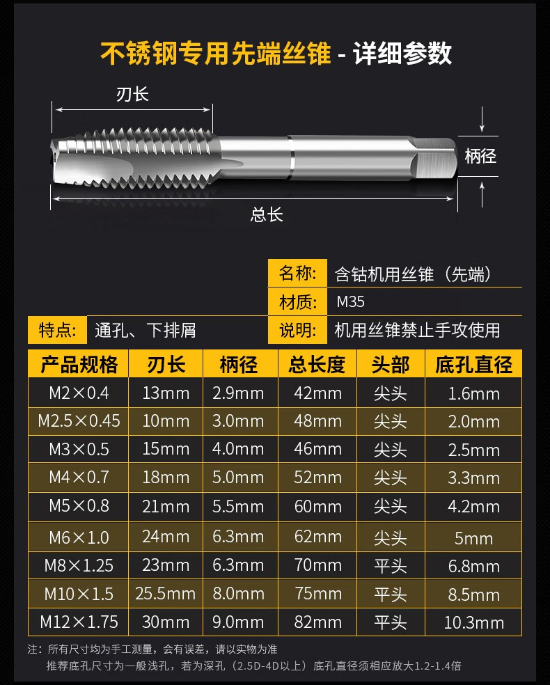 机用丝锥m6螺纹m5攻丝m3钻头m8丝攻m10不锈钢专用m12牙m4先端螺旋加工