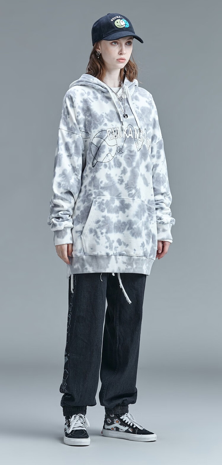 guuka古由卡潮牌扎染连帽卫衣男2021冬季新款青少年嘻哈logo小怪兽