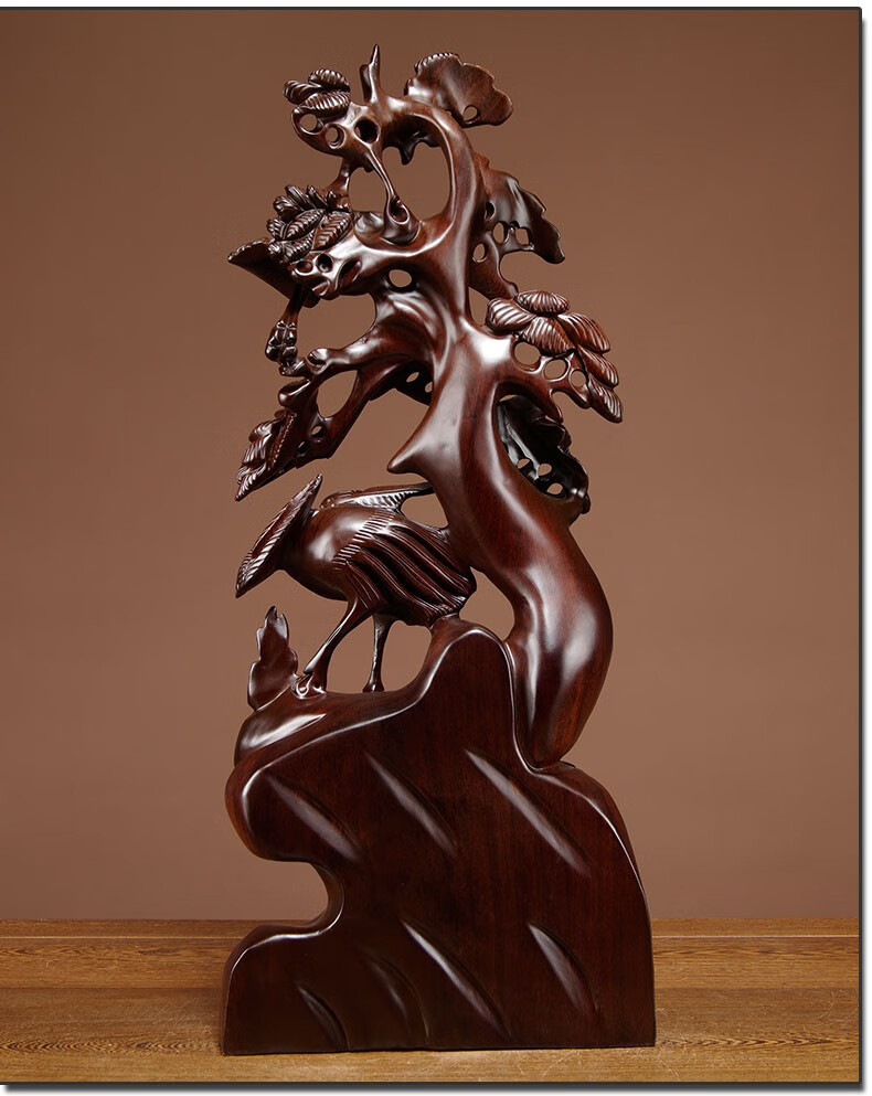 浣彩黑檀木雕松鹤延年摆件红木雕刻工艺品实木家居饰品客厅摆设送礼品