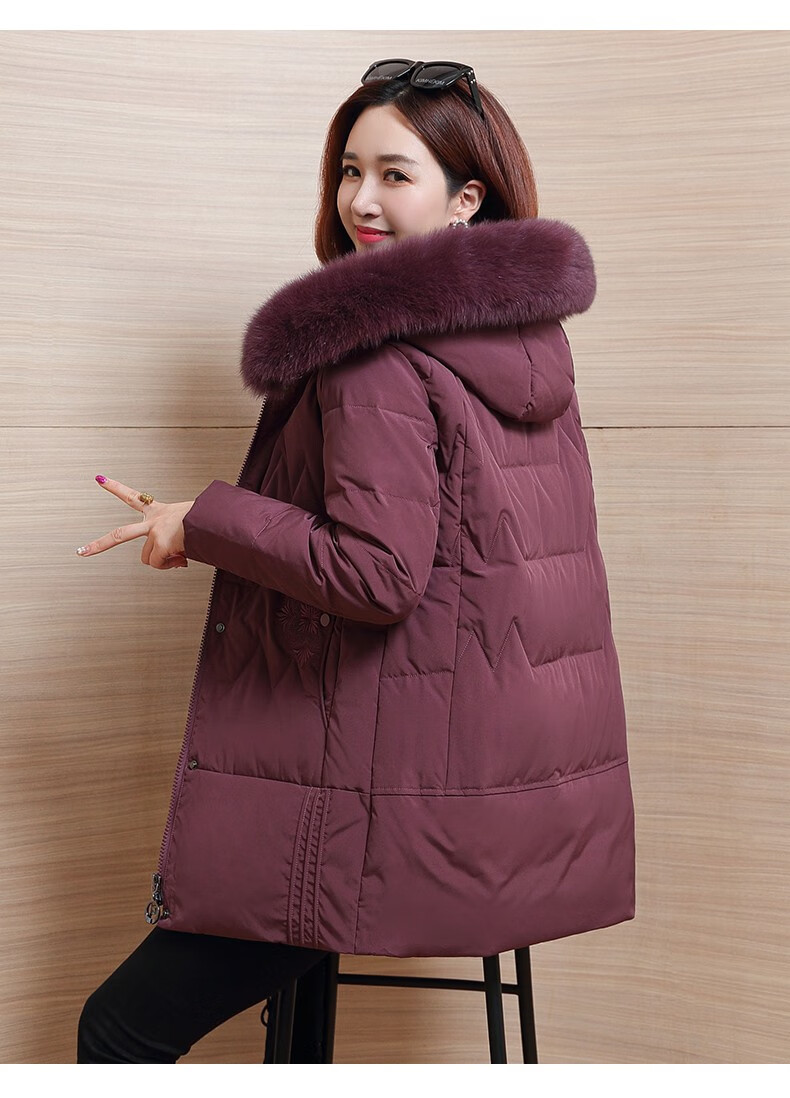新款女士防风领舒适大气中长款中老年时尚百搭温暖羽绒服豆沙色17092a