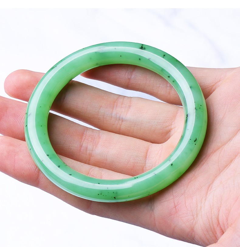 景曦和田碧玉手镯女老料苹果绿碧玉细条圆条手环菠菜绿镯子内径54mm