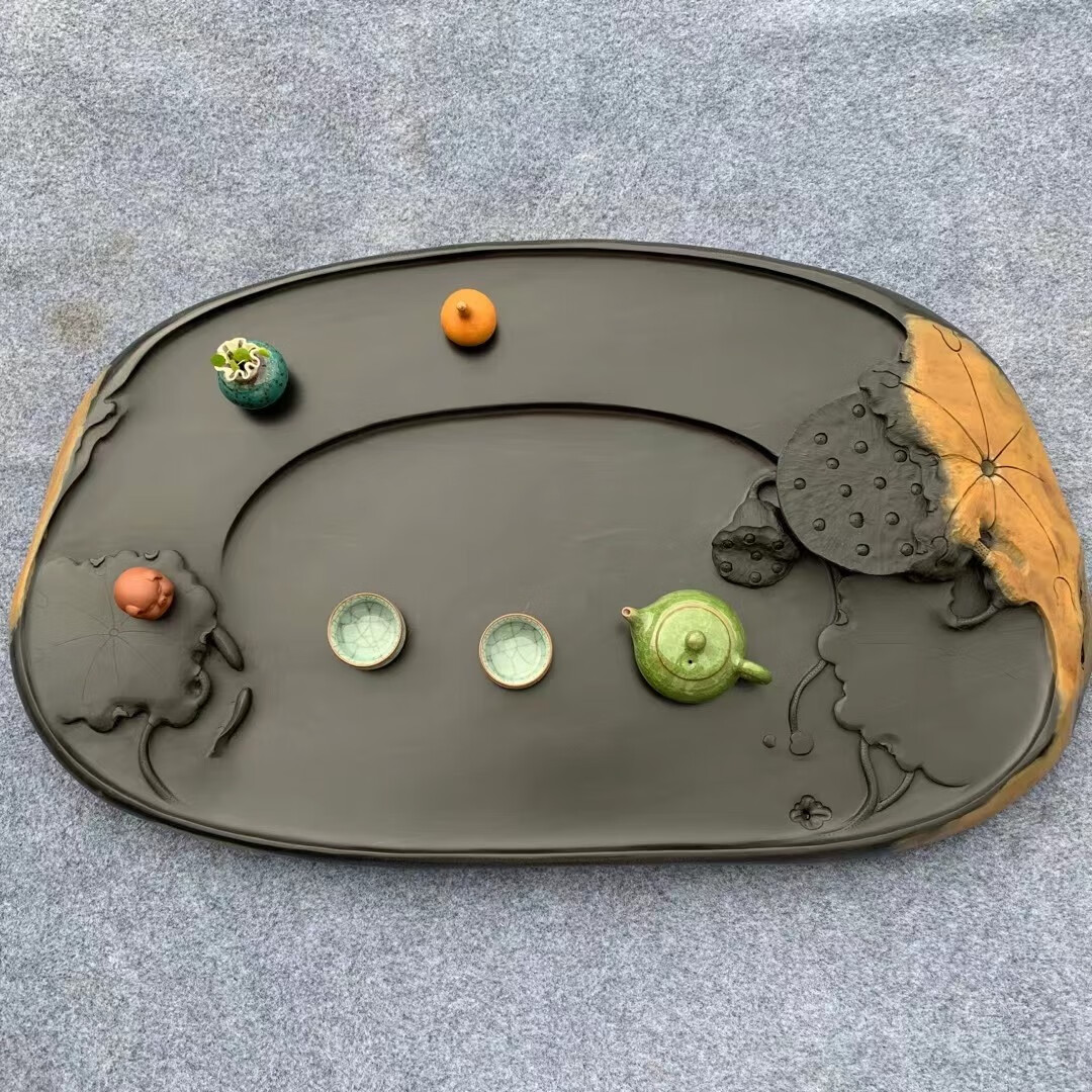 汉宫非遗歙砚茶盘家用排水茶海办公室高档泡茶托盘手工雕刻山水高端