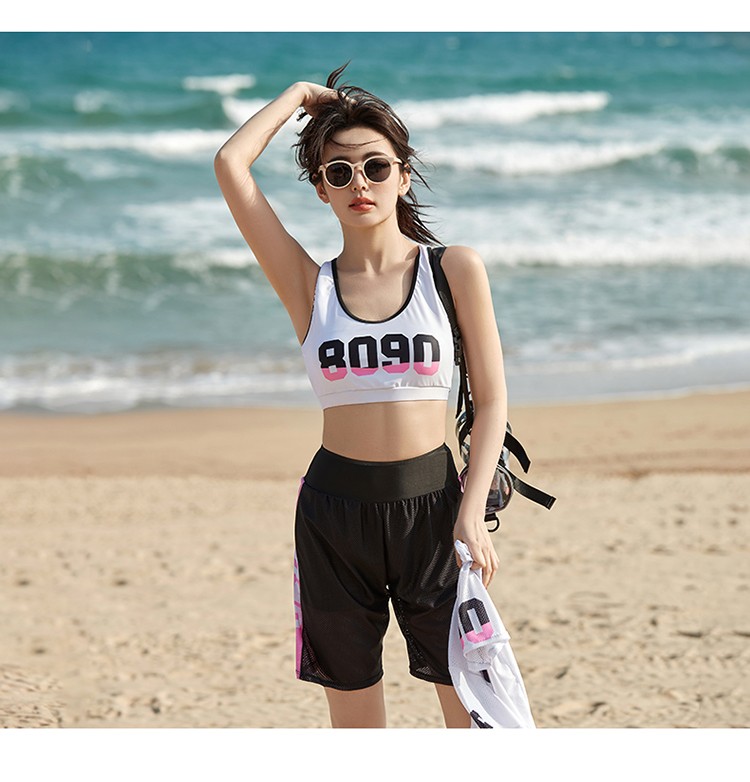 微胖mm200斤高弹保守夏学生分体训练游泳衣泡温泉三件套宽松遮肉泳装