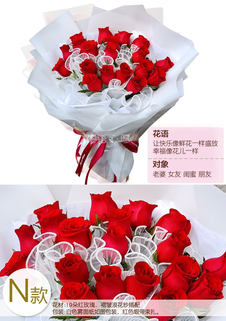 花语心愿香槟玫瑰花束鲜花速递同城配送生日礼物北京上海广州深圳成都