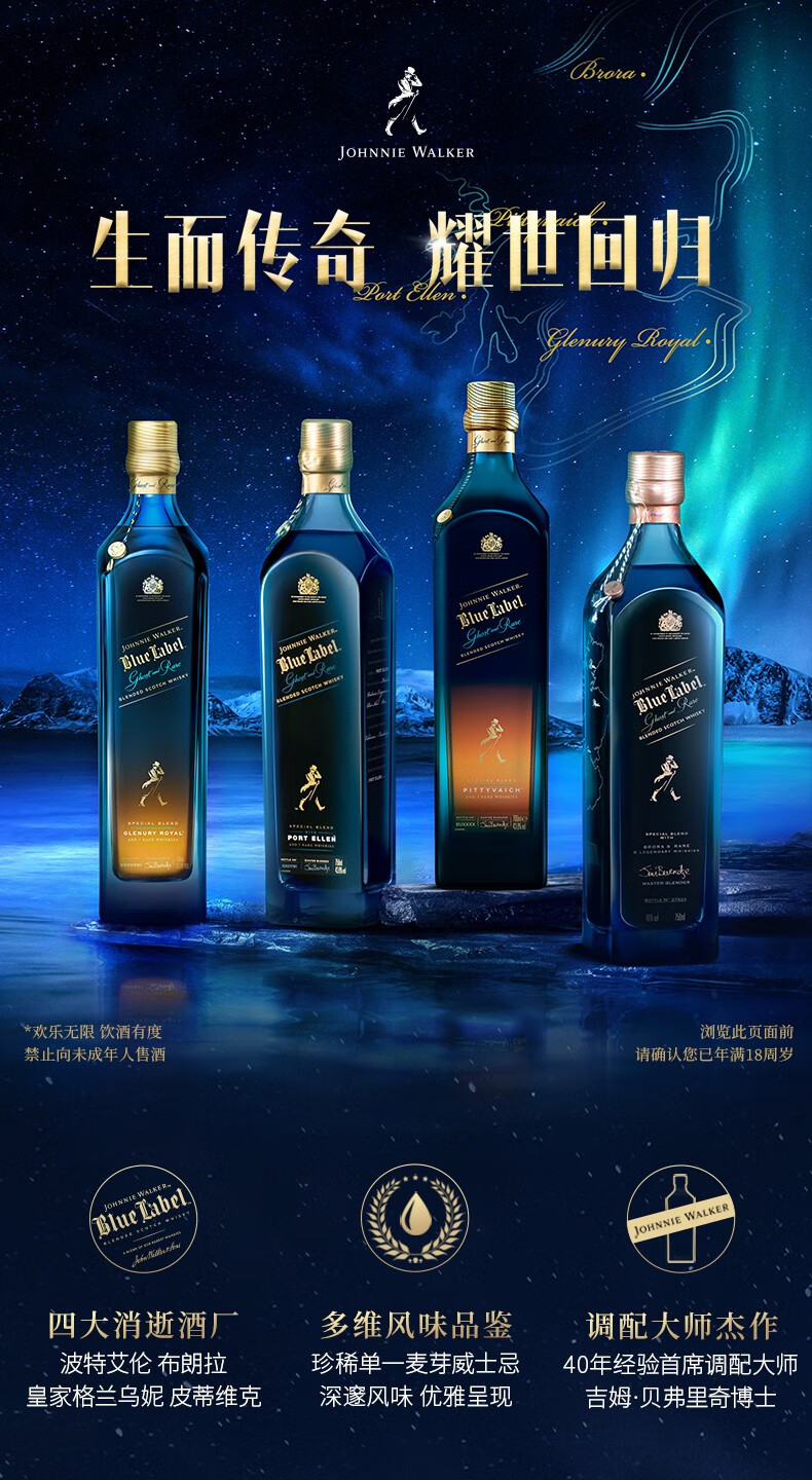 尊尼获加蓝牌蓝方威士忌750ml4消逝的酒厂波特艾伦布朗拉皇家格兰乌妮