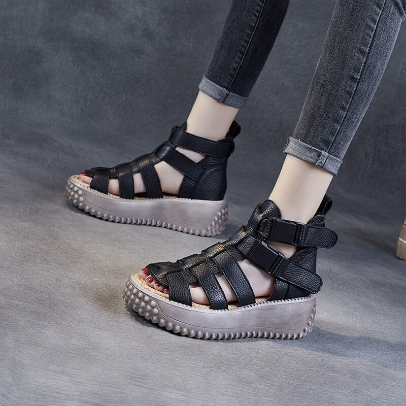 实体店供货高帮鱼嘴鞋厚底松糕鞋女士爱慧琪夏天插扣鞋子编织罗马凉鞋