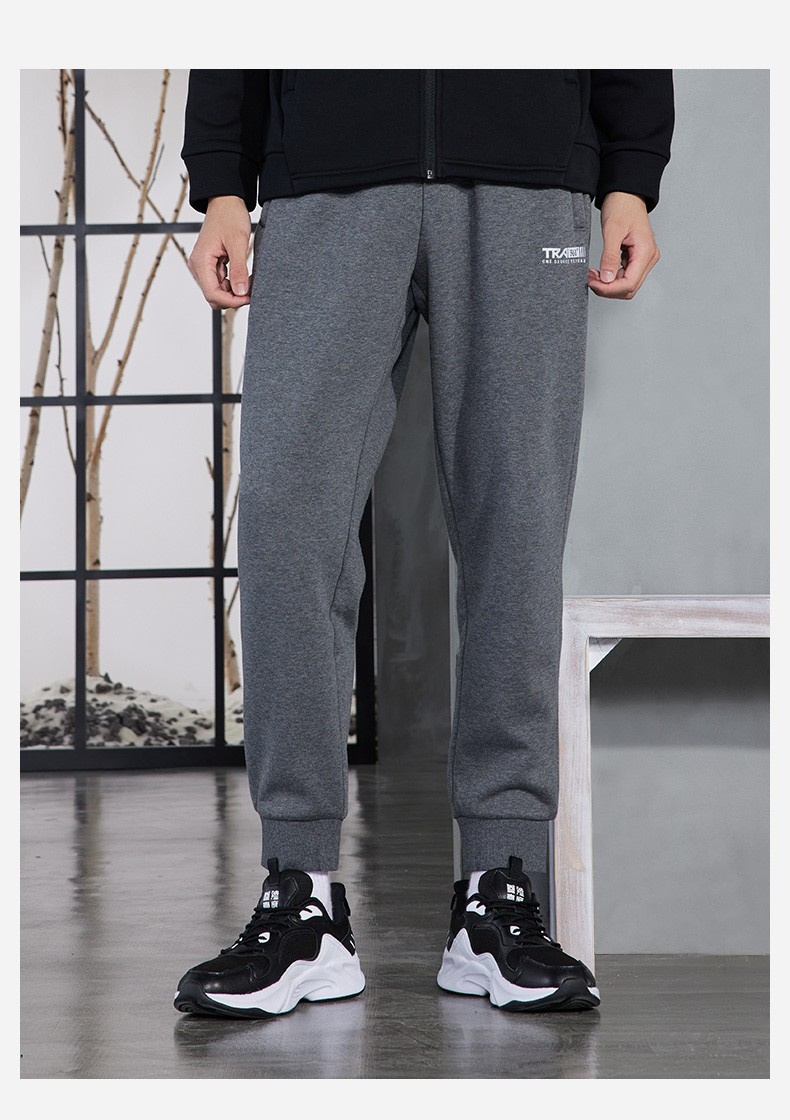 361度运动裤男2021新款舒适小脚加绒保暖针织长裤情侣简约印花跑步裤