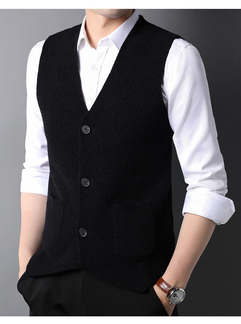 恒源祥男士针织背心马甲2021秋冬季新款鸡心领无袖坎肩v领纯色开衫