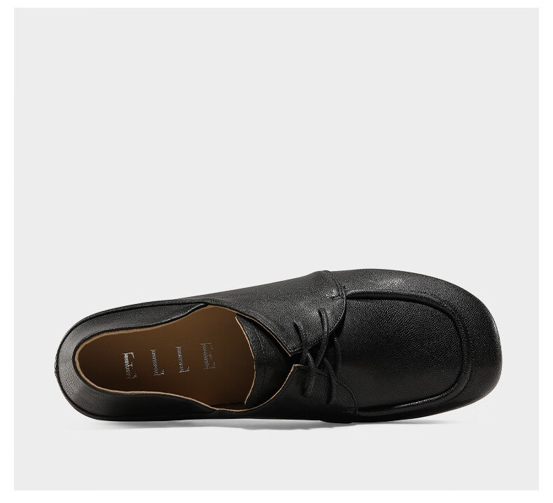 elle粗跟单鞋春夏百搭圆头系带小皮鞋黑色36