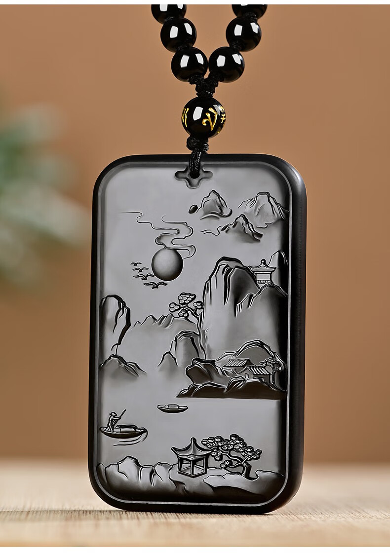 景妍新疆和田玉墨玉山水牌悠然山居玉石男女款悟道挂件