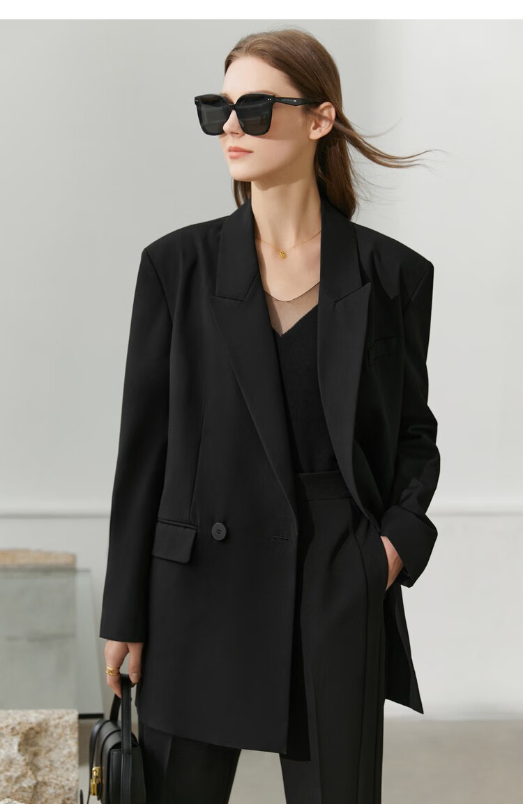 amii2022年春新款翻驳领宽松宽肩chic西装外套女正装职业装上衣黑色