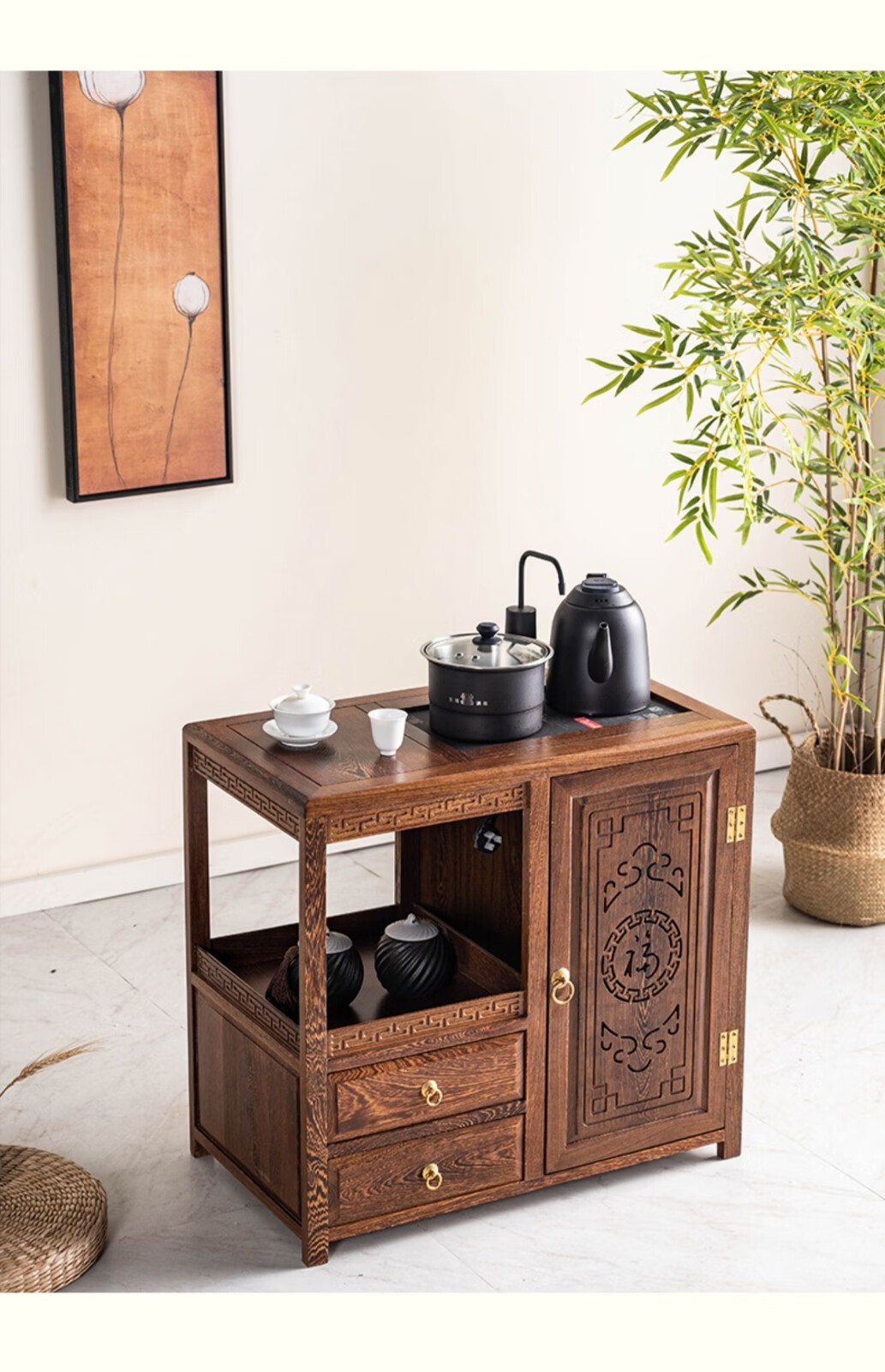 奕居实木移动小型茶柜新中式侧边烧台烧水架子家用烧水壶一体茶水柜6