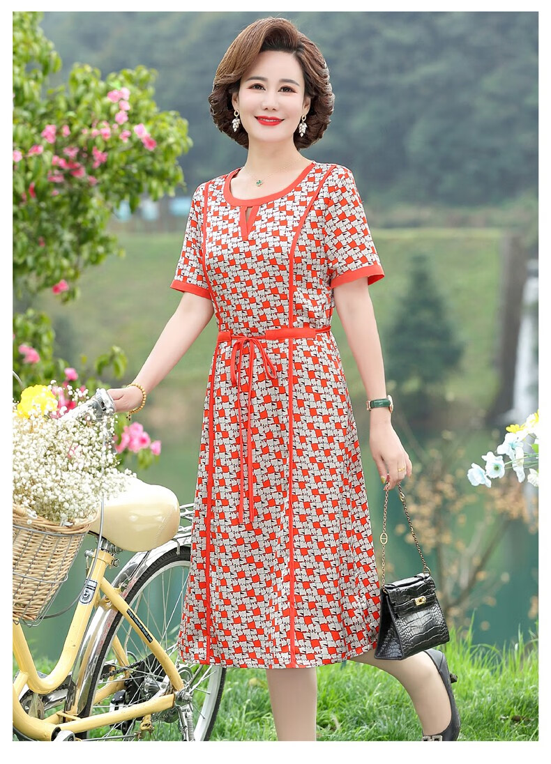 称美中老年女装夏装短袖连衣裙405060岁新款中年妈妈装夏季雪纺裙子中