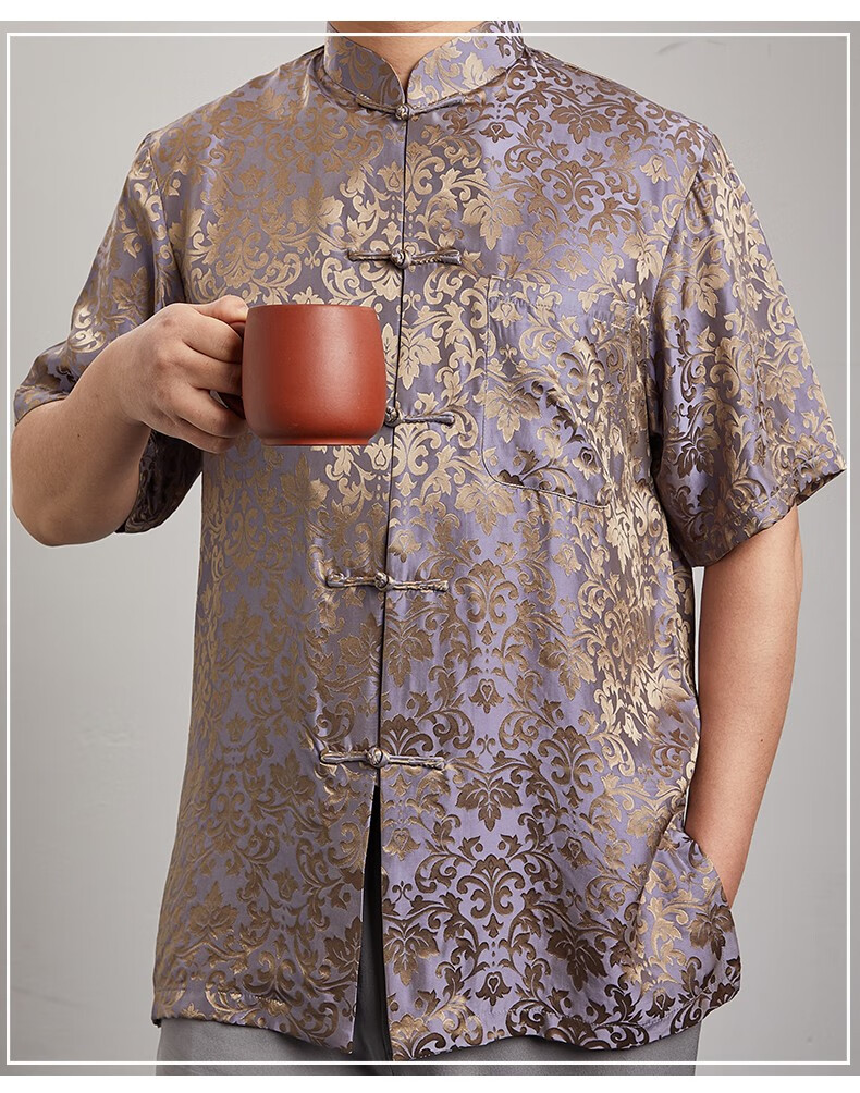 重磅桑蚕丝唐装男短袖真丝绸中老年人天蚕丝老式衣服中式茶艺服装男