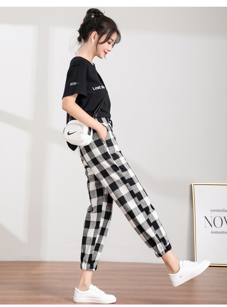格子裤女韩版潮流宽松裤子休闲裤女裤春夏季薄款八分七分裤哈伦裤黑色
