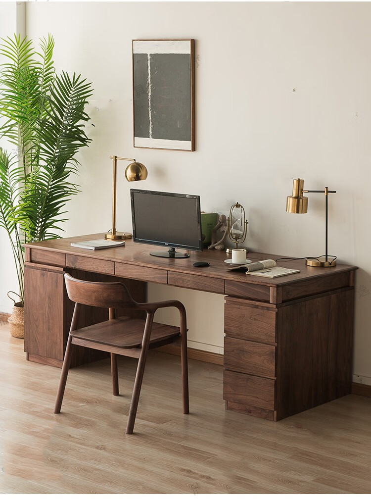 安家木业 实木书桌黑胡桃木家用书房双人学习桌写字台现代简约办公