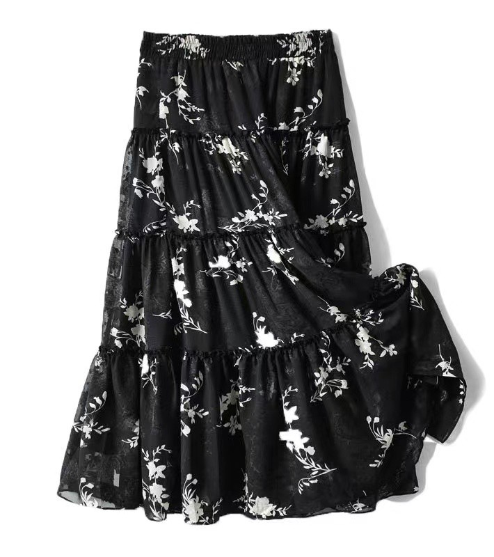 法思碎花半身裙女夏季小个子春夏装2022新款a字垂感中长款蛋糕裙黑色s
