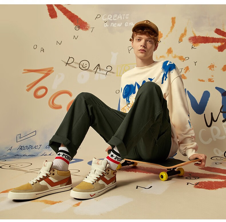 pony波尼运动耐磨滑板鞋男款休闲反毛拼色atop休闲板鞋14m1at12米色