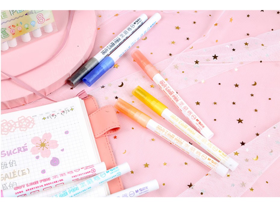 套装轮廓双线笔糖果色学生用多色手帐专用笔记号笔 双线笔-蓝色2支装