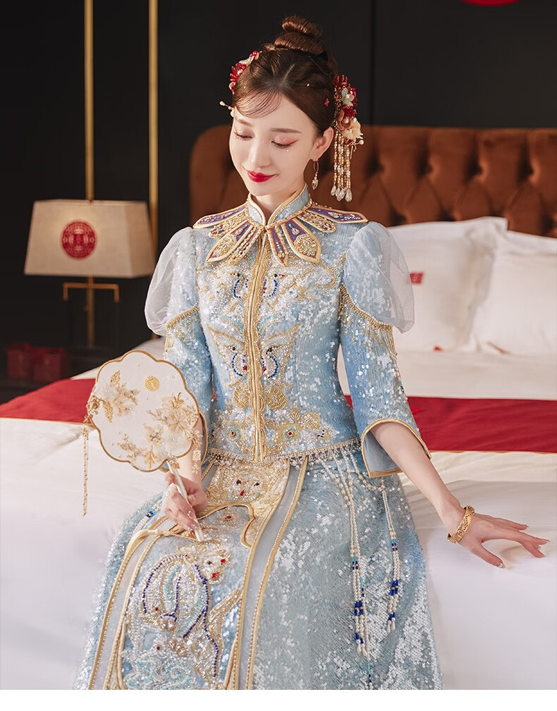 龙曼尼仕冰蓝色秀禾服新娘2022新款结婚礼服女婚纱中式龙凤褂显年轻款