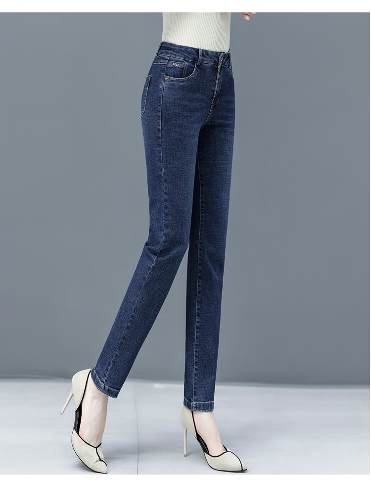 ck牛仔裤女 高腰纯色棉质修身小脚直筒裤女士字母腰弹力水洗牛仔长裤