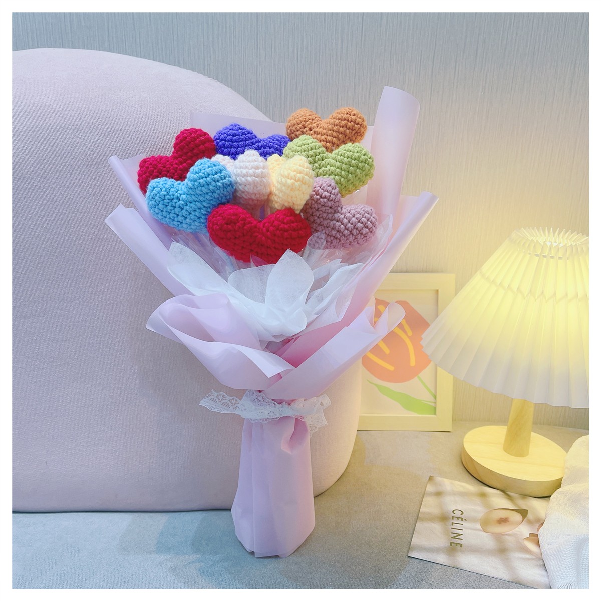 生日礼物心形手工编织花束diy材料包毛线花爱心送女友情人节闺蜜礼物