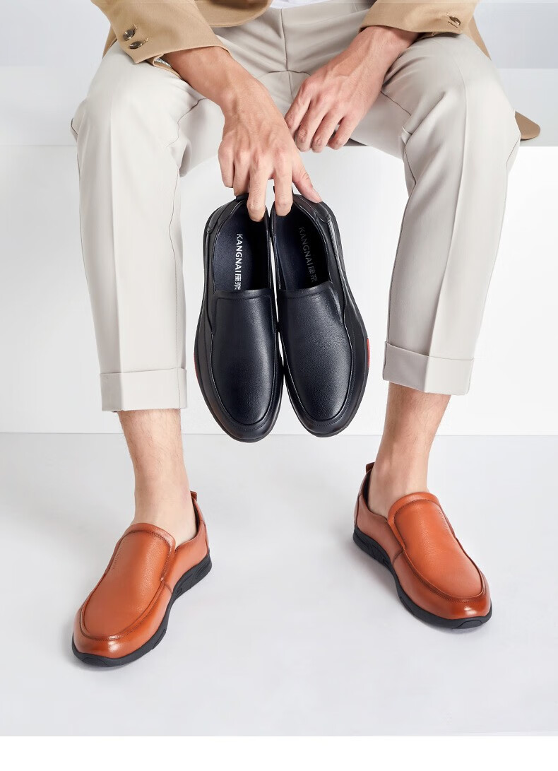 康奈男鞋春季新款男士商务休闲鞋纯色平跟套脚乐福鞋男百搭休闲皮鞋男