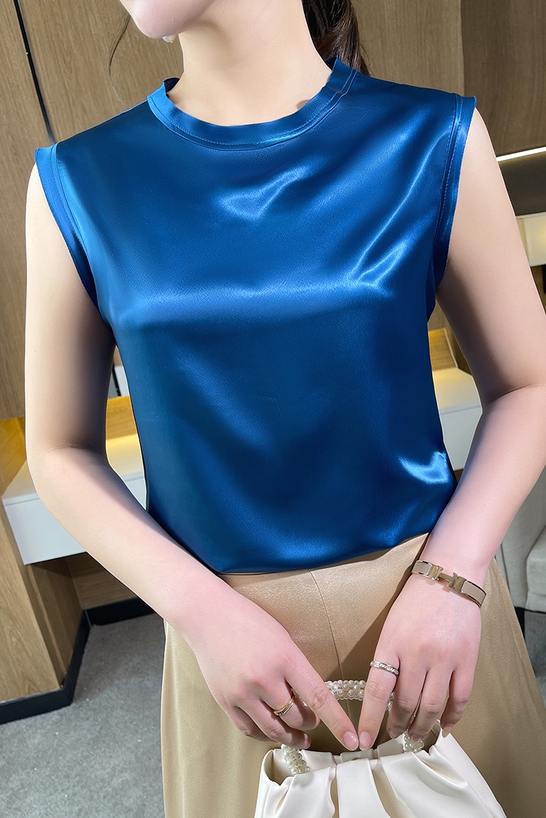 苏若兰 日本进口醋酸面料女士无袖t恤表面光滑闪亮圆领上衣女休闲百搭