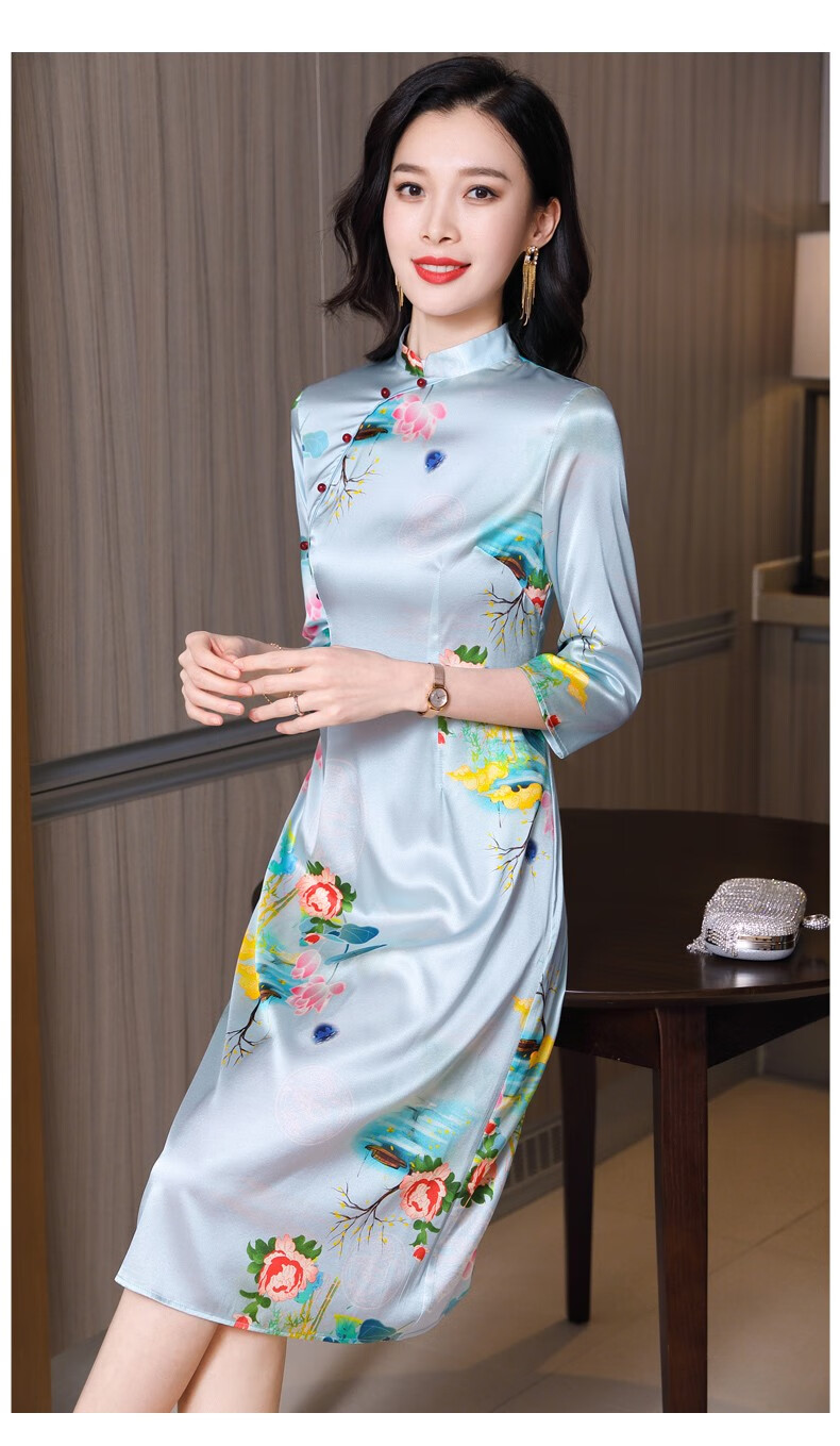 kraallda卡搭品牌真丝旗袍裙桑蚕丝连衣裙女夏印花春季七分袖复古气质