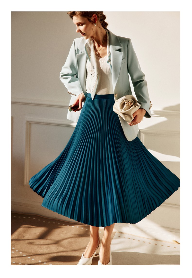 欧芮儿孔雀蓝半身裙女春季2022新款高腰显瘦时尚气质百褶a字摆裙